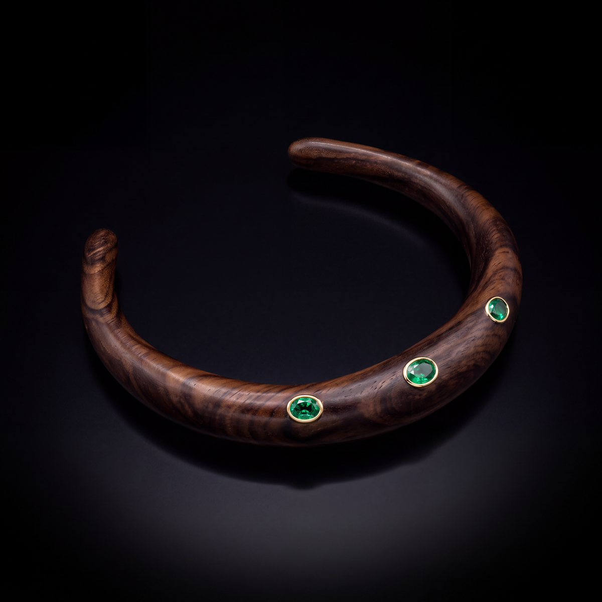 Wood Collar Necklace with Emeralds and 14k Gold