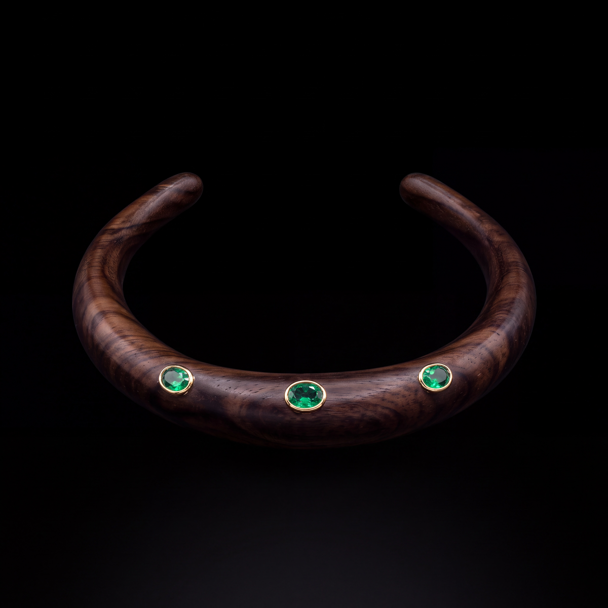 Wood Collar Necklace with Emeralds and 14k Gold