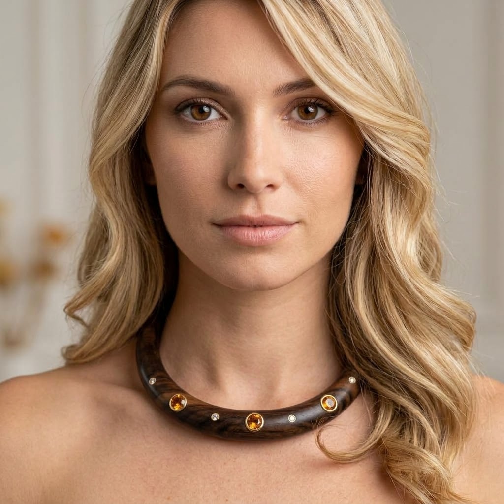 Wood Collar Necklace with Madeira Citrine, Diamonds & 14k Gold
