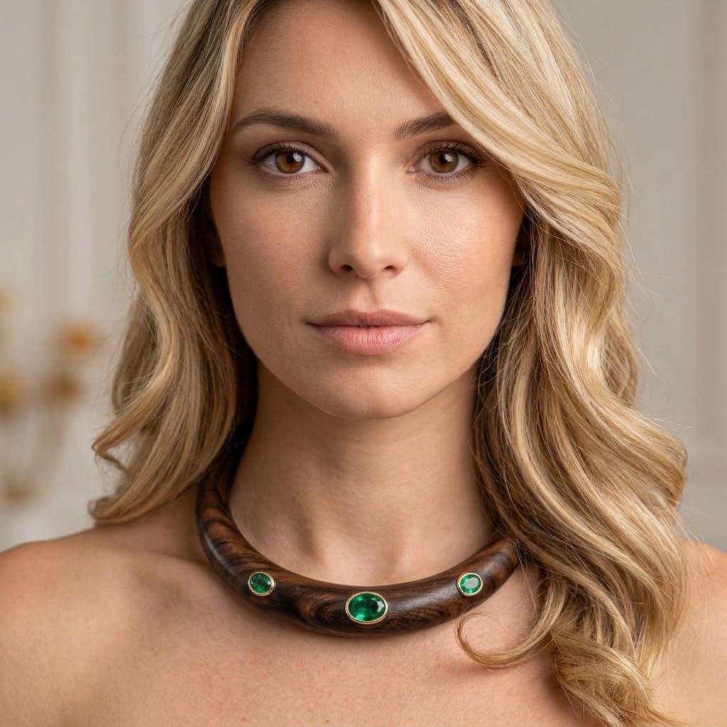 Wood Collar Necklace with Emeralds and 14k Gold