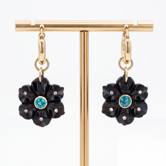 FLORA Earrings, Black Onyx with Emerald, Diamonds & 14k Gold