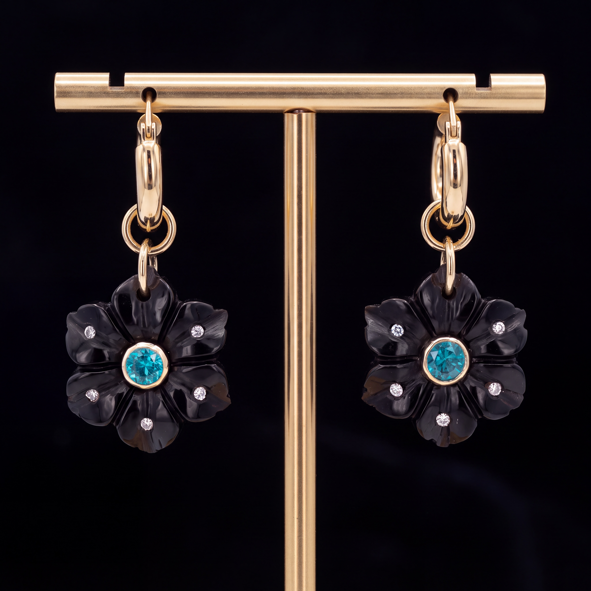 FLORA Earrings, Black Onyx with Emerald, Diamonds & 14k Gold