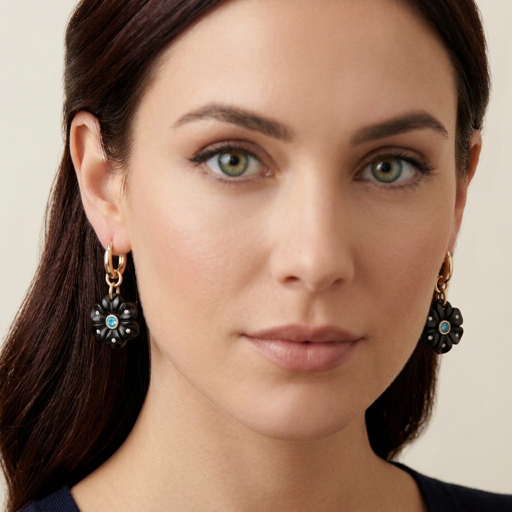 FLORA Earrings, Black Onyx with Emerald, Diamonds & 14k Gold