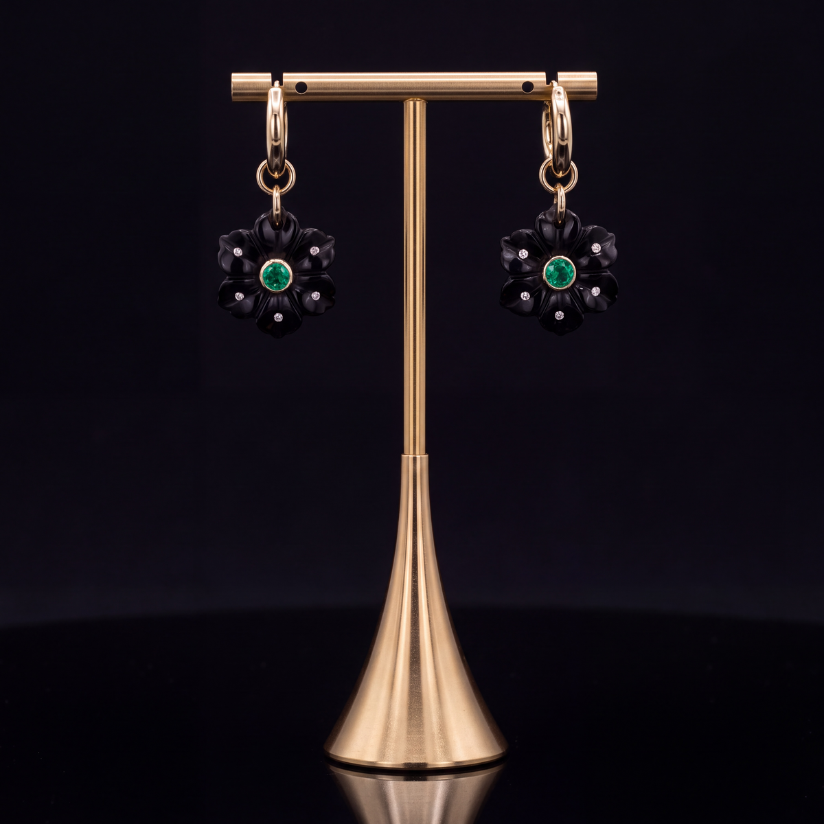 FLORA Earrings, Black Onyx with Emerald, Diamonds & 14k Gold