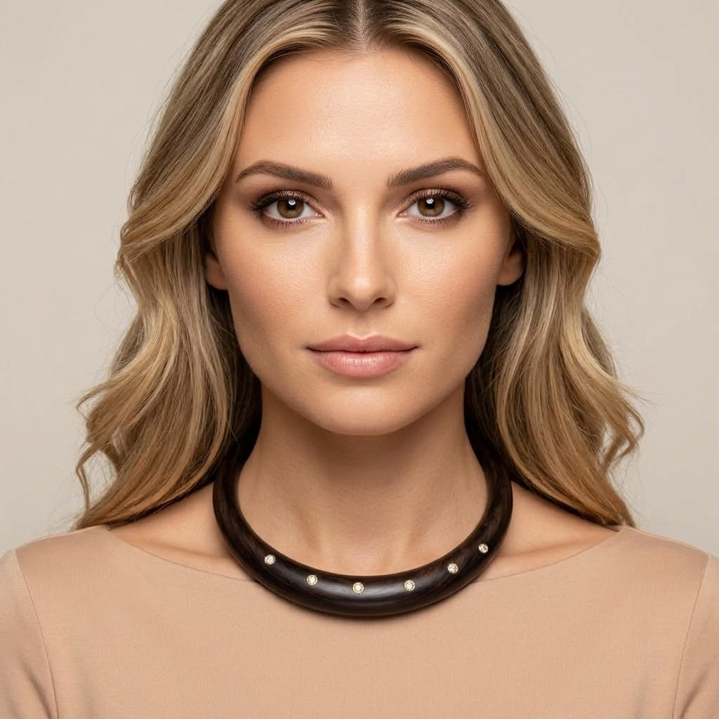 Wood Collar with Diamonds and 14k Gold