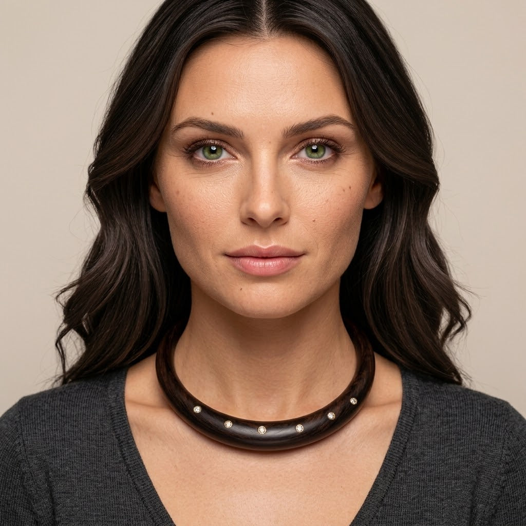 Wood Collar with Diamonds and 14k Gold