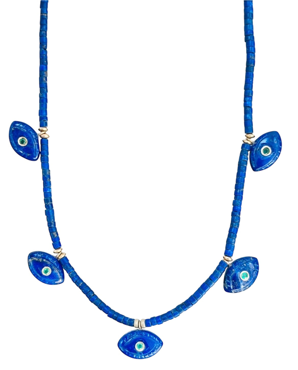 Lapis Evil EyeS Necklace with Diamonds & Emeralds