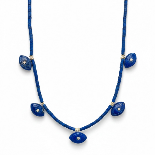 Lapis Evil EyeS Necklace with Diamonds & Emeralds