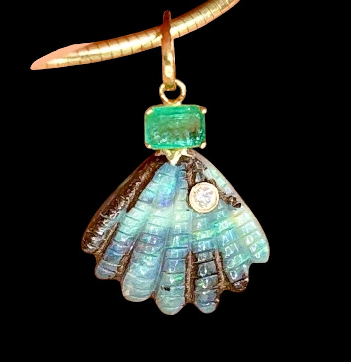 Australian Opal Shell Pendant with Diamond & Emerald