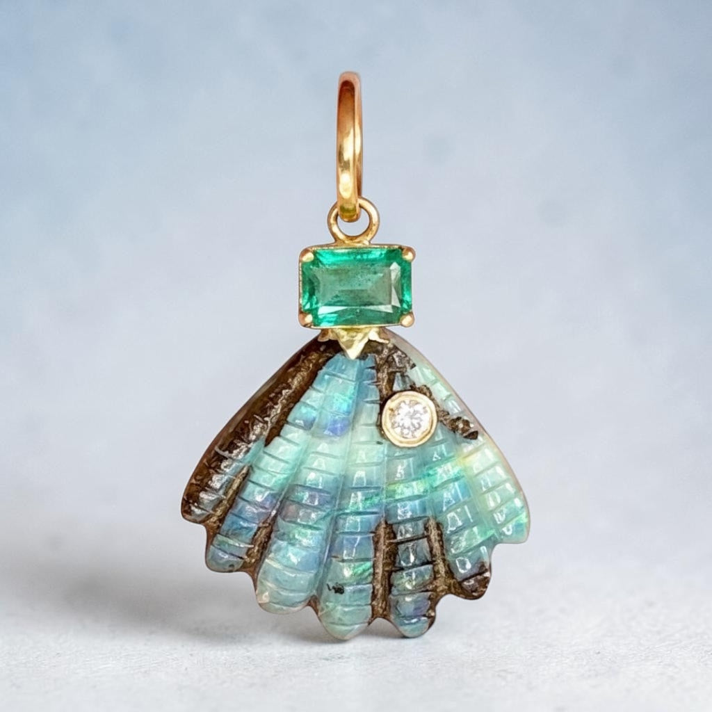 Australian Opal Shell Pendant with Diamond & Emerald