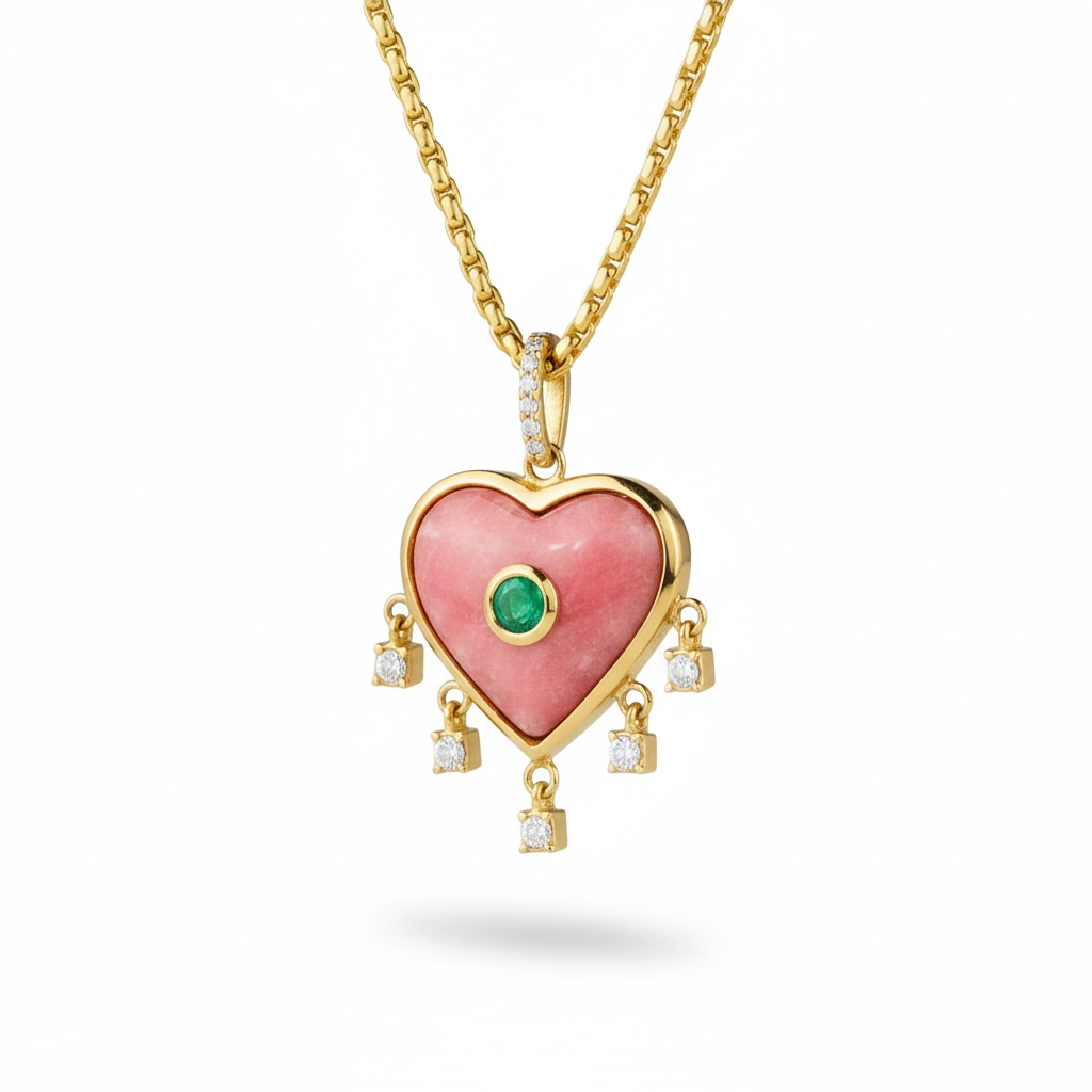 Rhodochrosite Heart Pendant with Emerald & Diamonds
