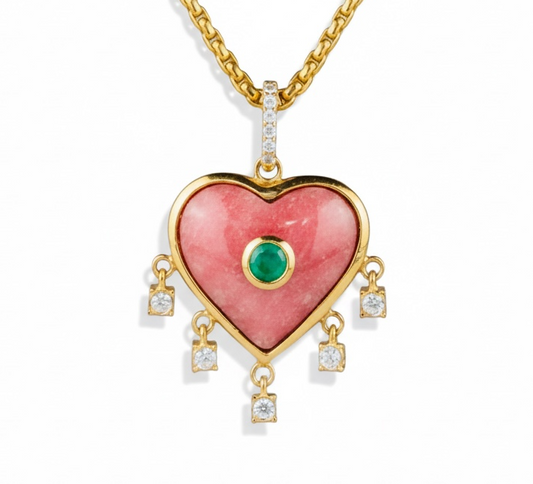 Rhodochrosite Heart Pendant with Emerald & Diamonds