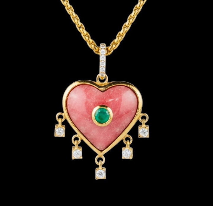 Rhodochrosite Heart Pendant with Emerald & Diamonds