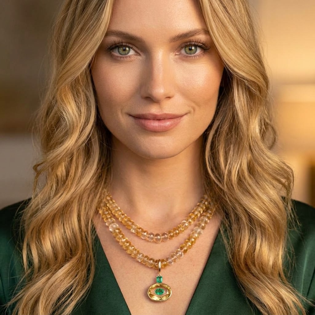 DISCO Pendant: Citrine with Emeralds and 14k Gold