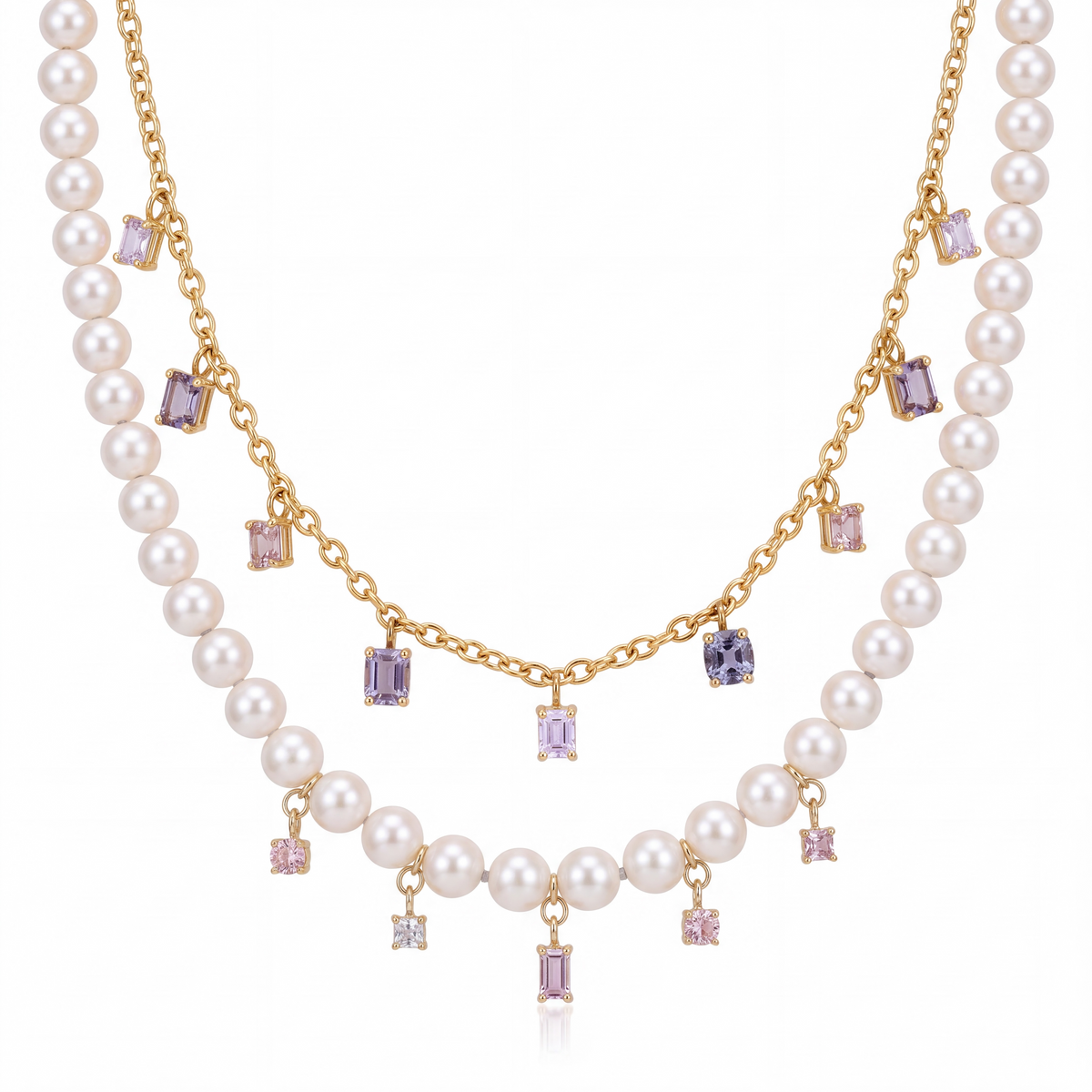 Pearl Necklace with Spinel Gems, wear 14-16”
