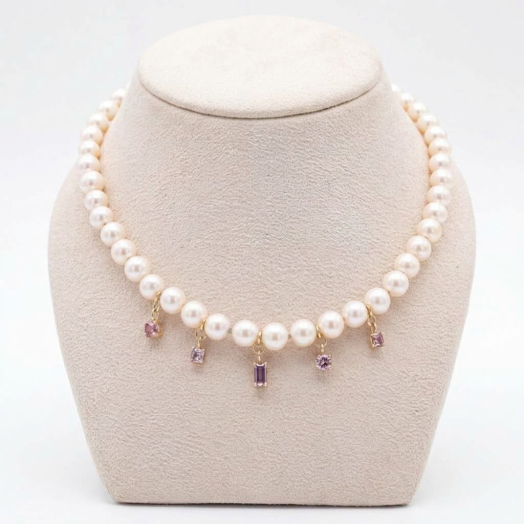 Pearl Necklace with Spinel Gems, wear 14-16”