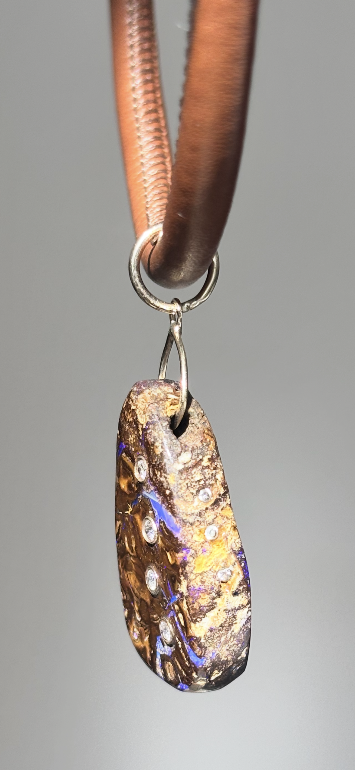 Australian Boulder Opal Pendant on Leather/14k Gold Cord