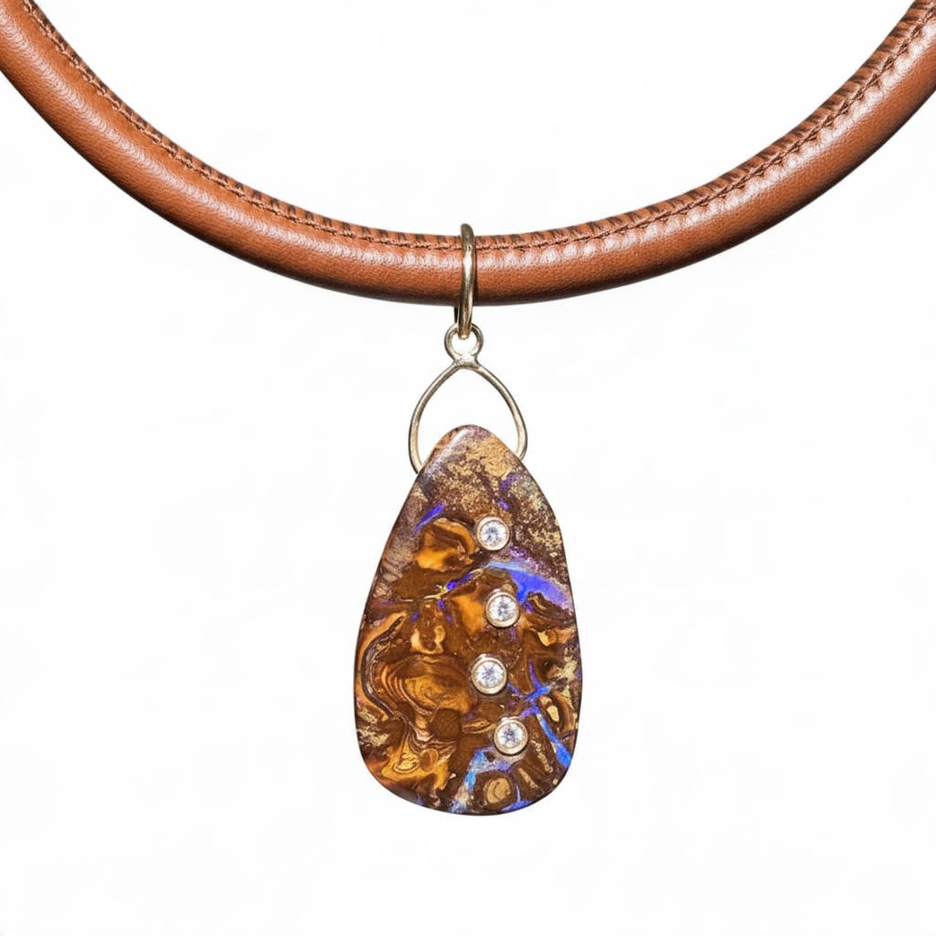 Australian Boulder Opal Pendant on Leather/14k Gold Cord