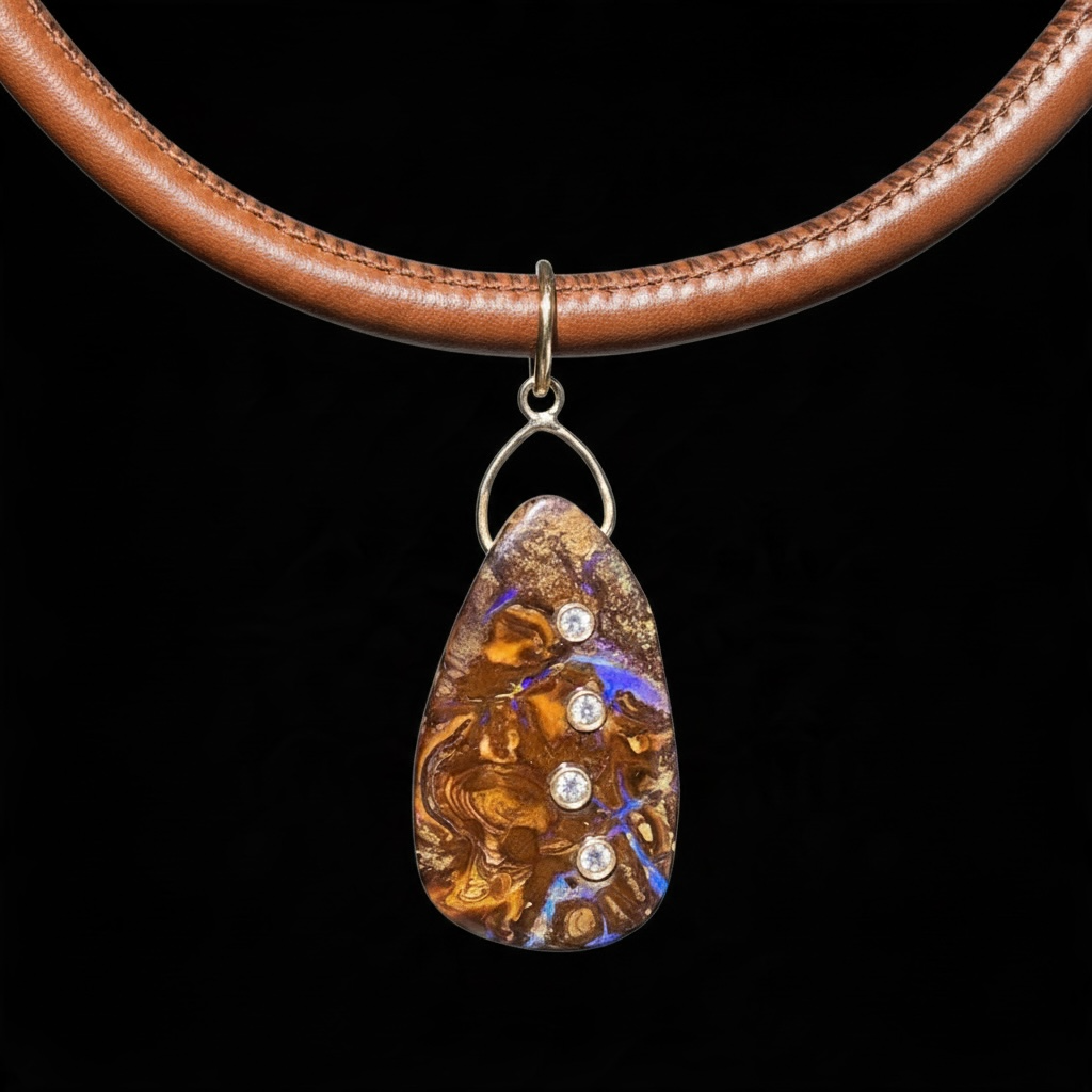 Australian Boulder Opal Pendant on Leather/14k Gold Cord
