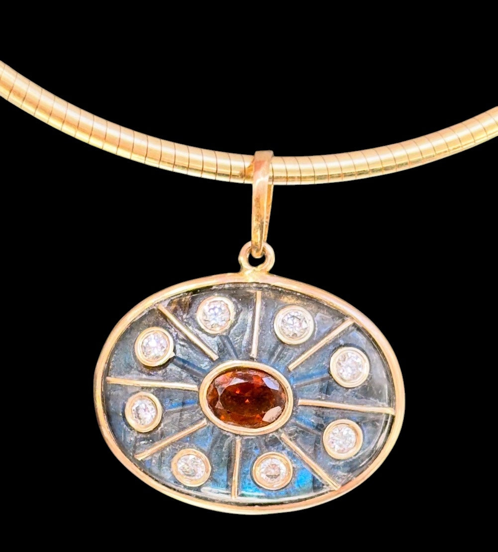 SOL Pendant, Labradorite with Brown Tourmaline & Diamonds