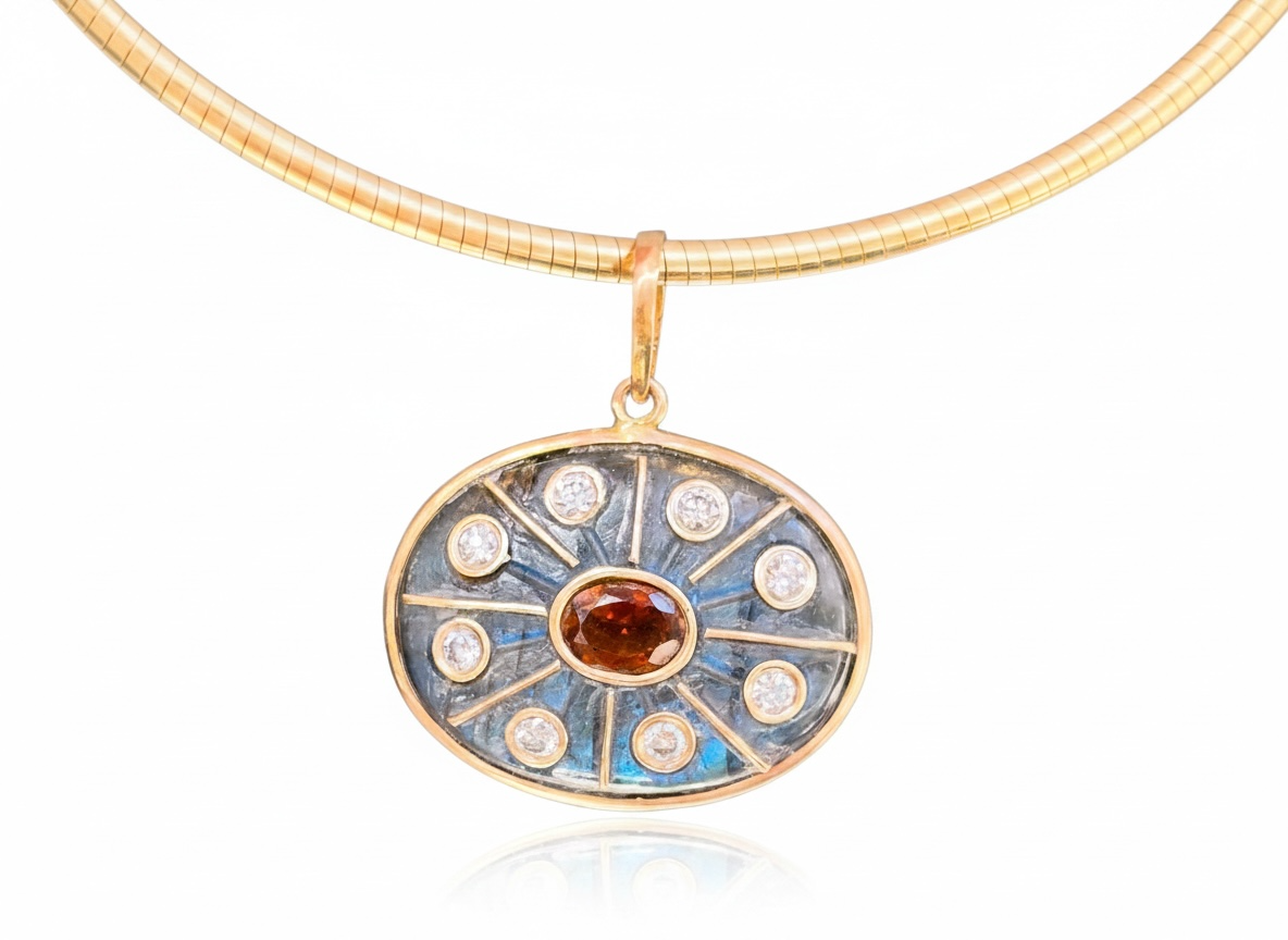 SOL Pendant, Labradorite with Brown Tourmaline & Diamonds