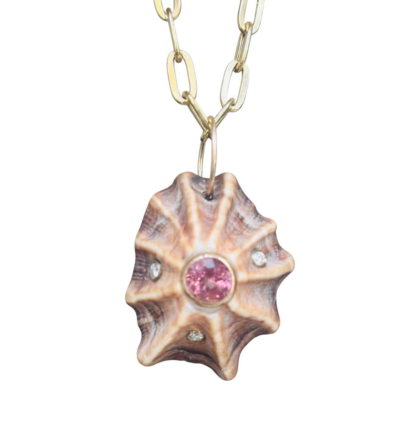 Natural Shell Pendant with Pink Tourmaline & Diamonds