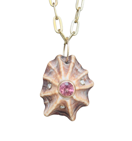 Natural Shell Pendant with Pink Tourmaline & Diamonds
