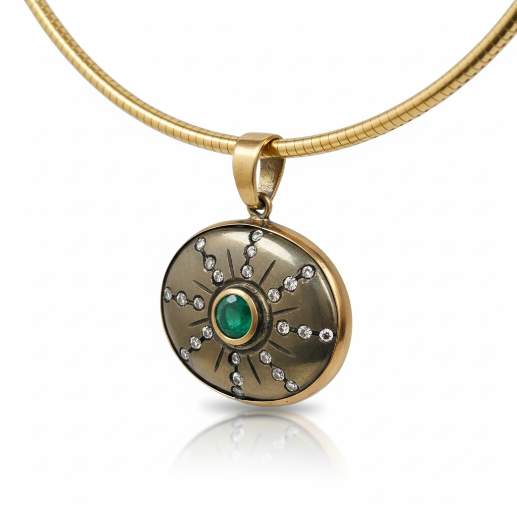 SOL Pendant, Pyrite with Emerald & Diamonds