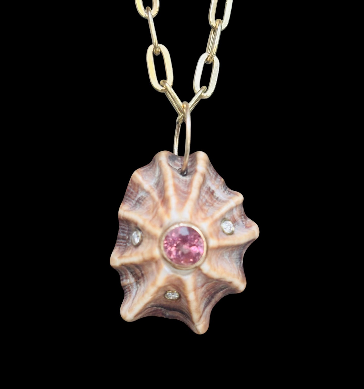 Natural Shell Pendant with Pink Tourmaline & Diamonds
