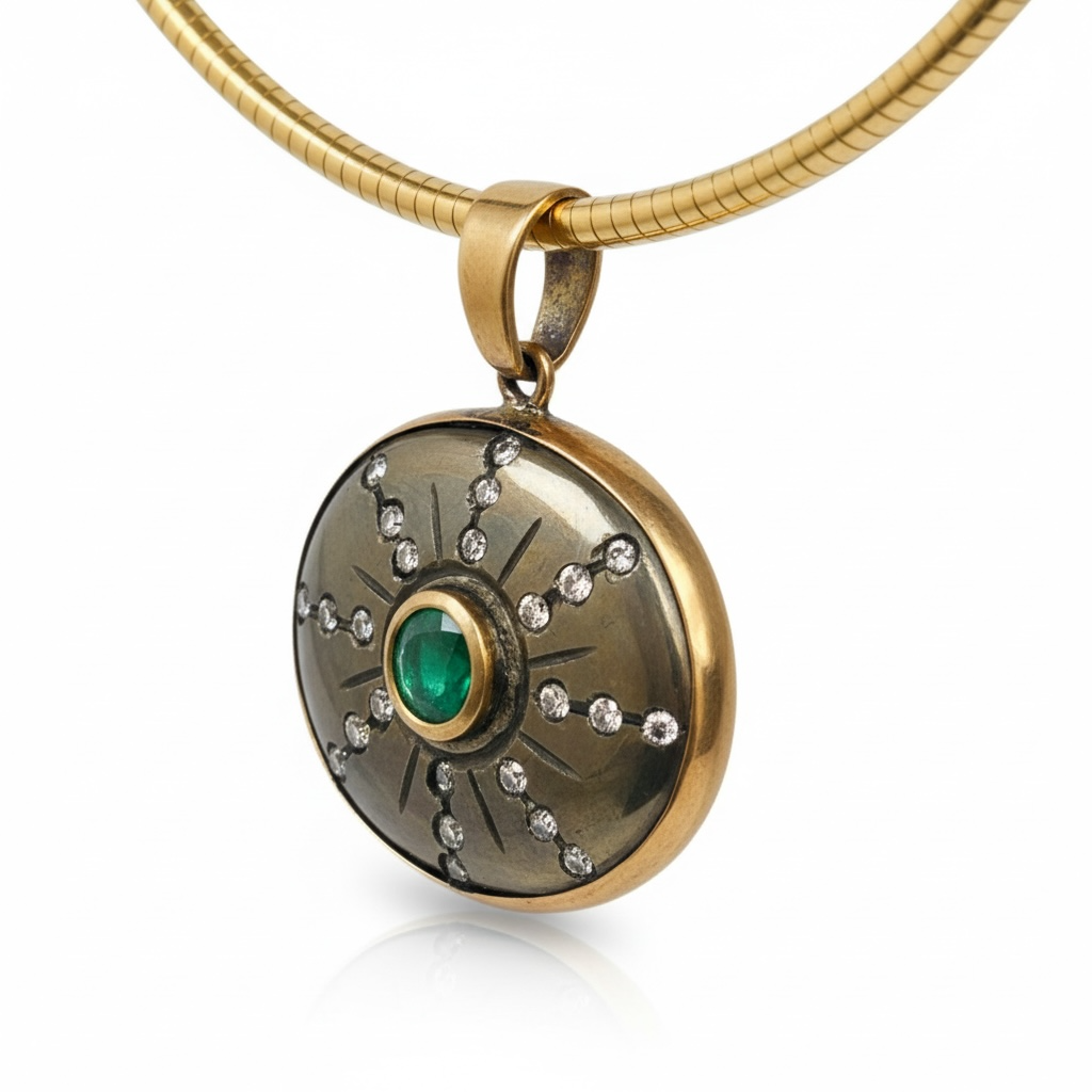 SOL Pendant, Pyrite with Emerald & Diamonds