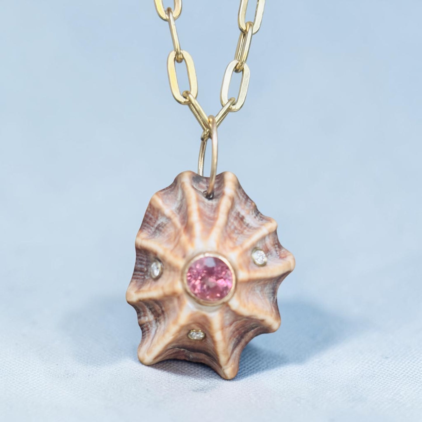 Natural Shell Pendant with Pink Tourmaline & Diamonds