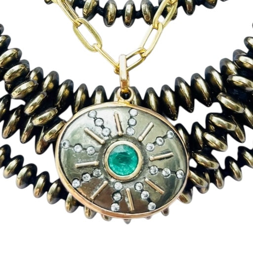 SOL Pendant, Pyrite, Emerald, Diamonds & 14k Gold
