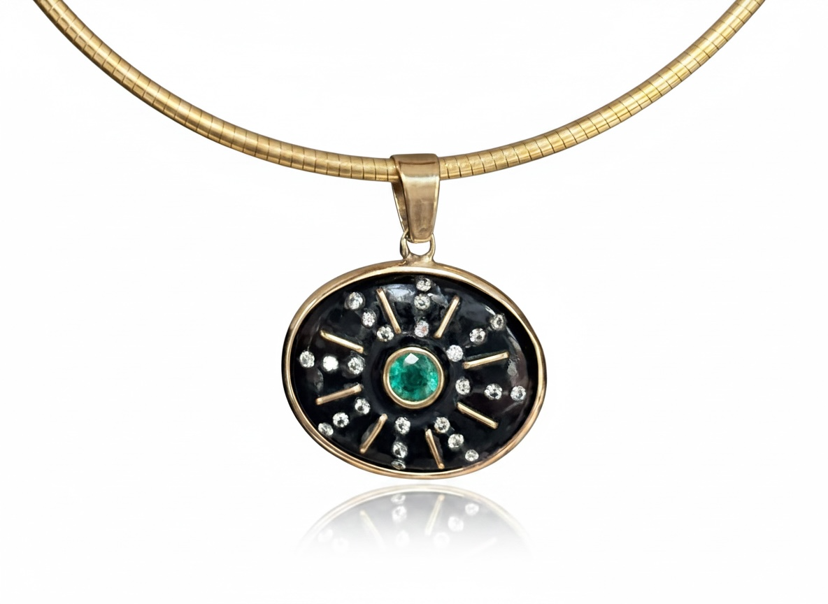 SOL Pendant, Black Onyx with Emerald, Diamond and Gold Sun Rays