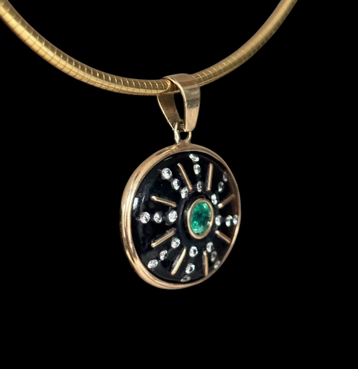 SOL Pendant, Black Onyx with Emerald, Diamond and Gold Sun Rays