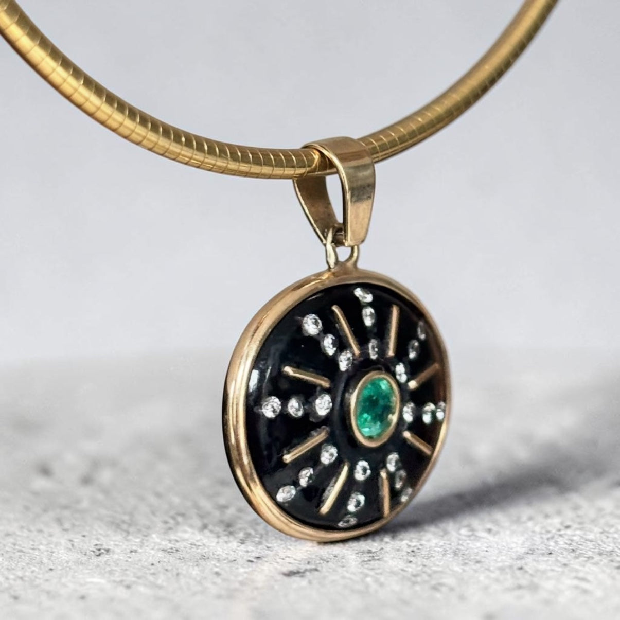 SOL Pendant, Black Onyx with Emerald, Diamond and Gold Sun Rays