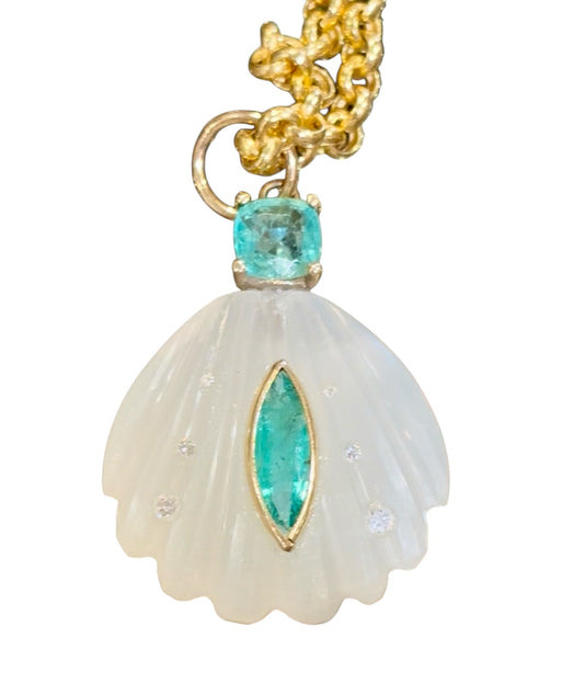 Sea Shell Pendant, Moonstone, Emeralds & Diamonds