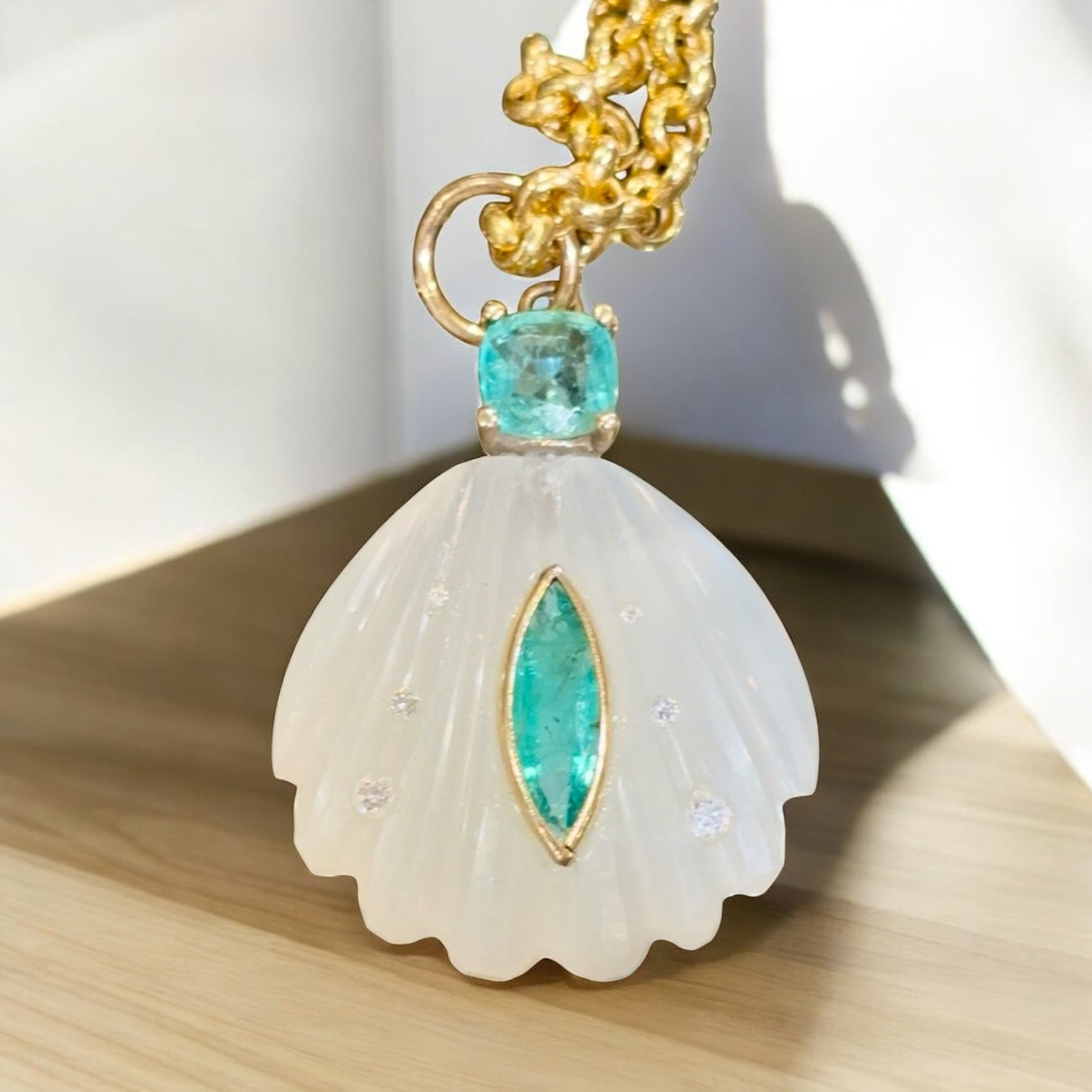 Sea Shell Pendant, Moonstone, Emeralds & Diamonds