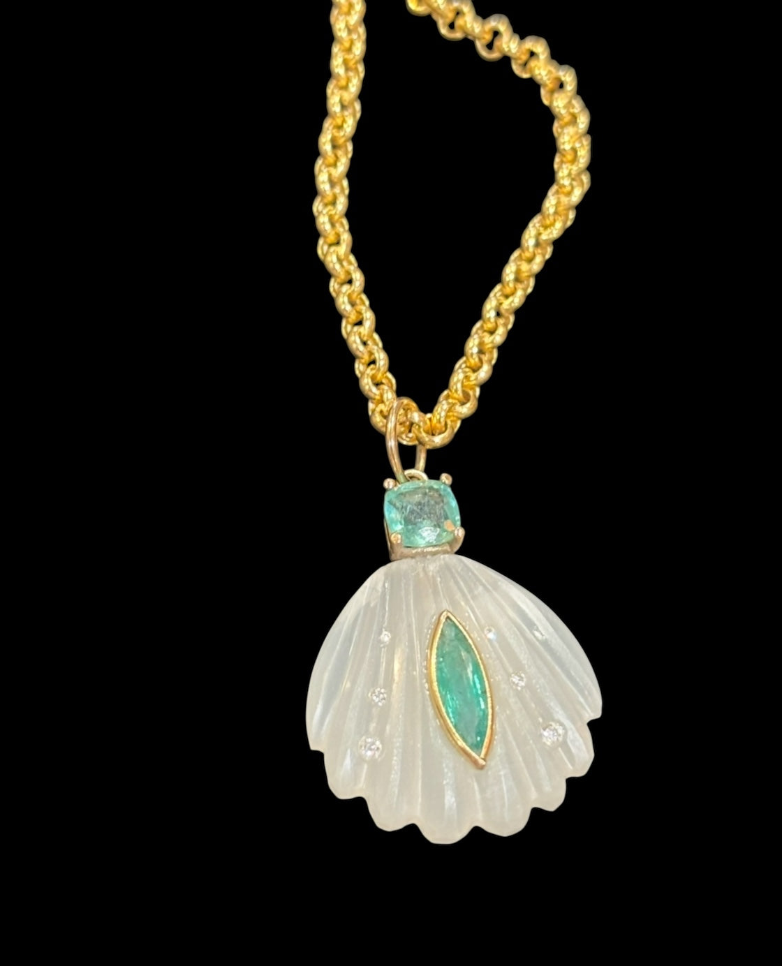 Sea Shell Pendant, Moonstone, Emeralds & Diamonds