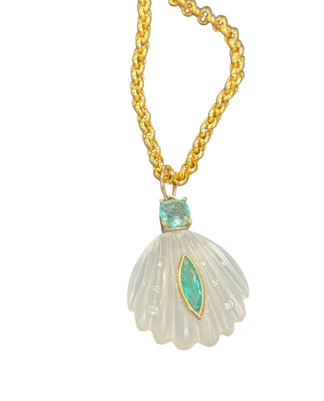 Sea Shell Pendant, Moonstone, Emeralds & Diamonds