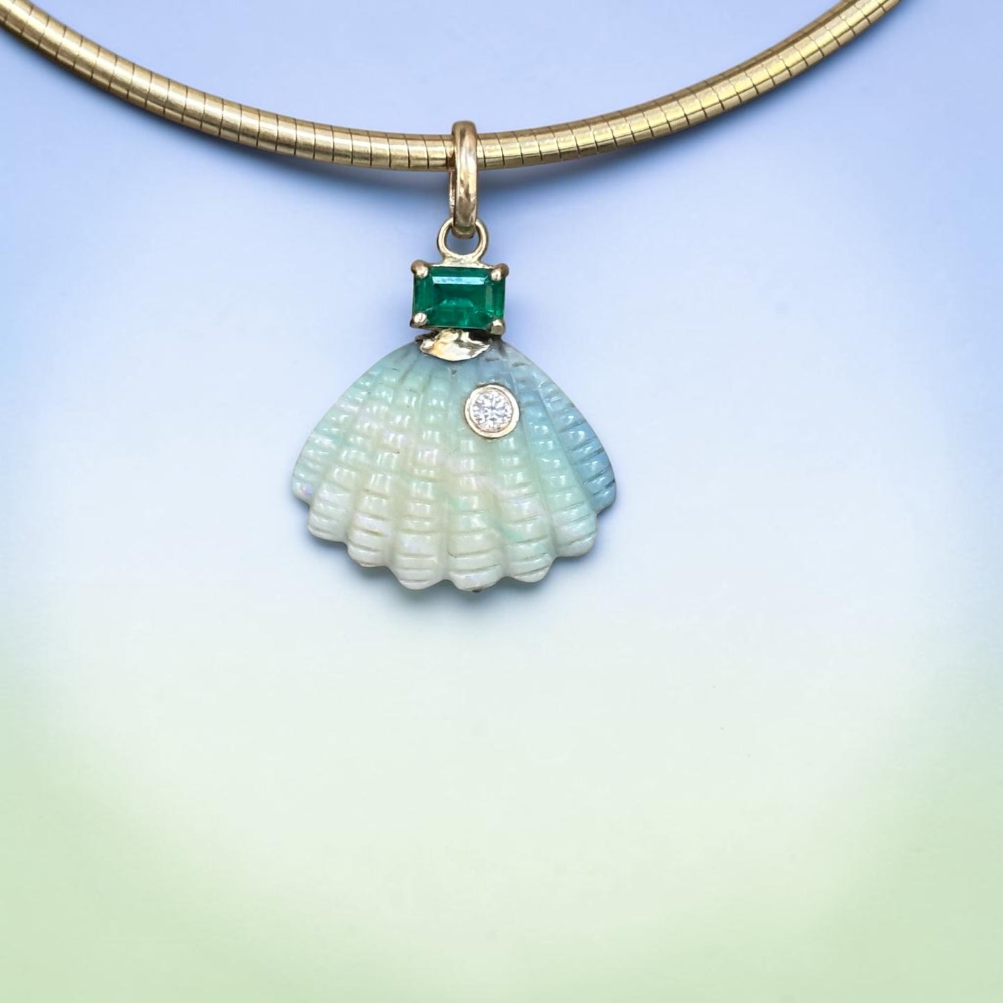 Australian Opal Shell Pendant with Diamond, Emerald (and rainbow!)