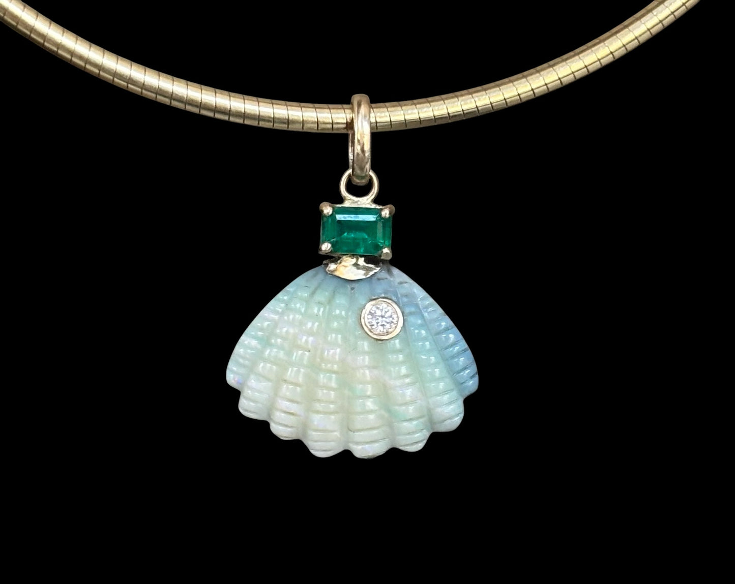 Australian Opal Shell Pendant with Diamond, Emerald (and rainbow!)
