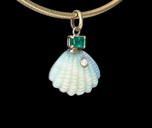 Australian Opal Shell Pendant with Diamond, Emerald (and rainbow!)