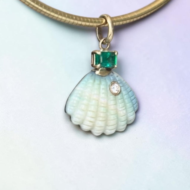 Australian Opal Shell Pendant with Diamond, Emerald (and rainbow!)