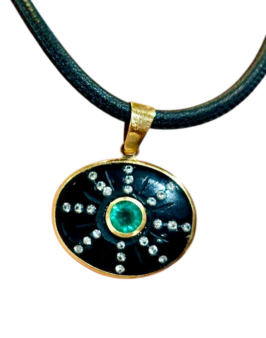 SOL Pendant, Black Onyx, Emerald & Diamonds