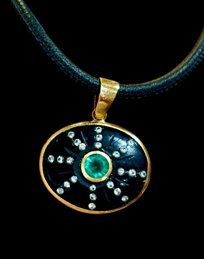SOL Pendant, Black Onyx, Emerald & Diamonds