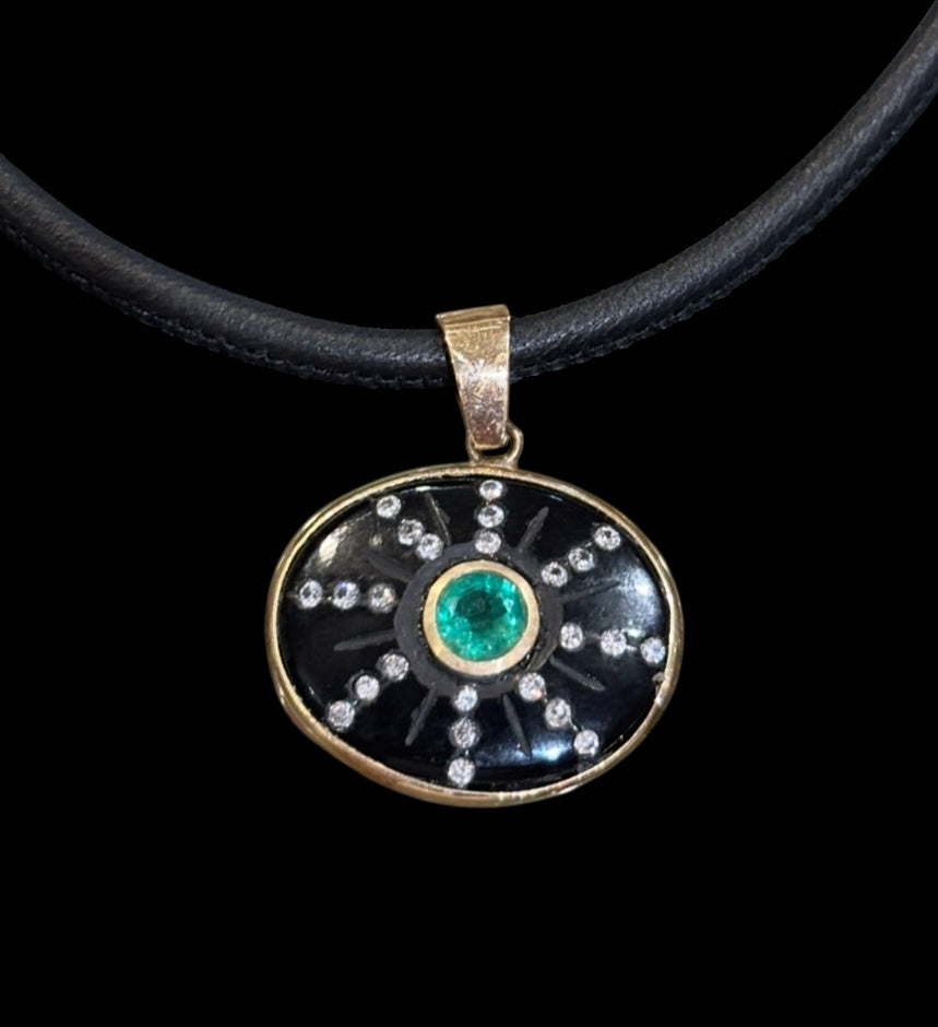 SOL Pendant, Black Onyx, Emerald & Diamonds