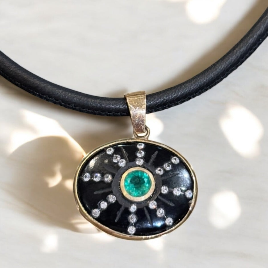 SOL Pendant, Black Onyx, Emerald & Diamonds