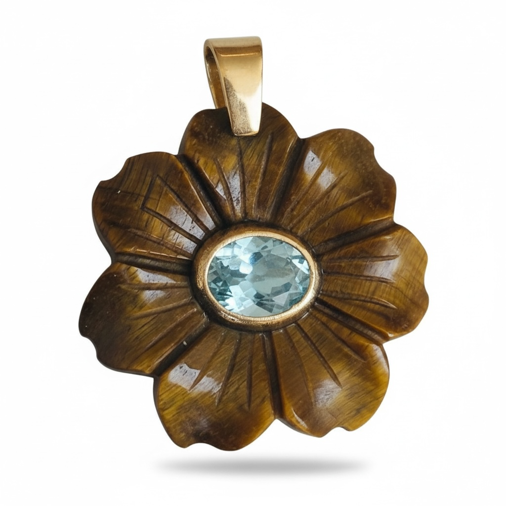 FLORA Pendant : Tiger’s Eye with Sky Blue Topaz
