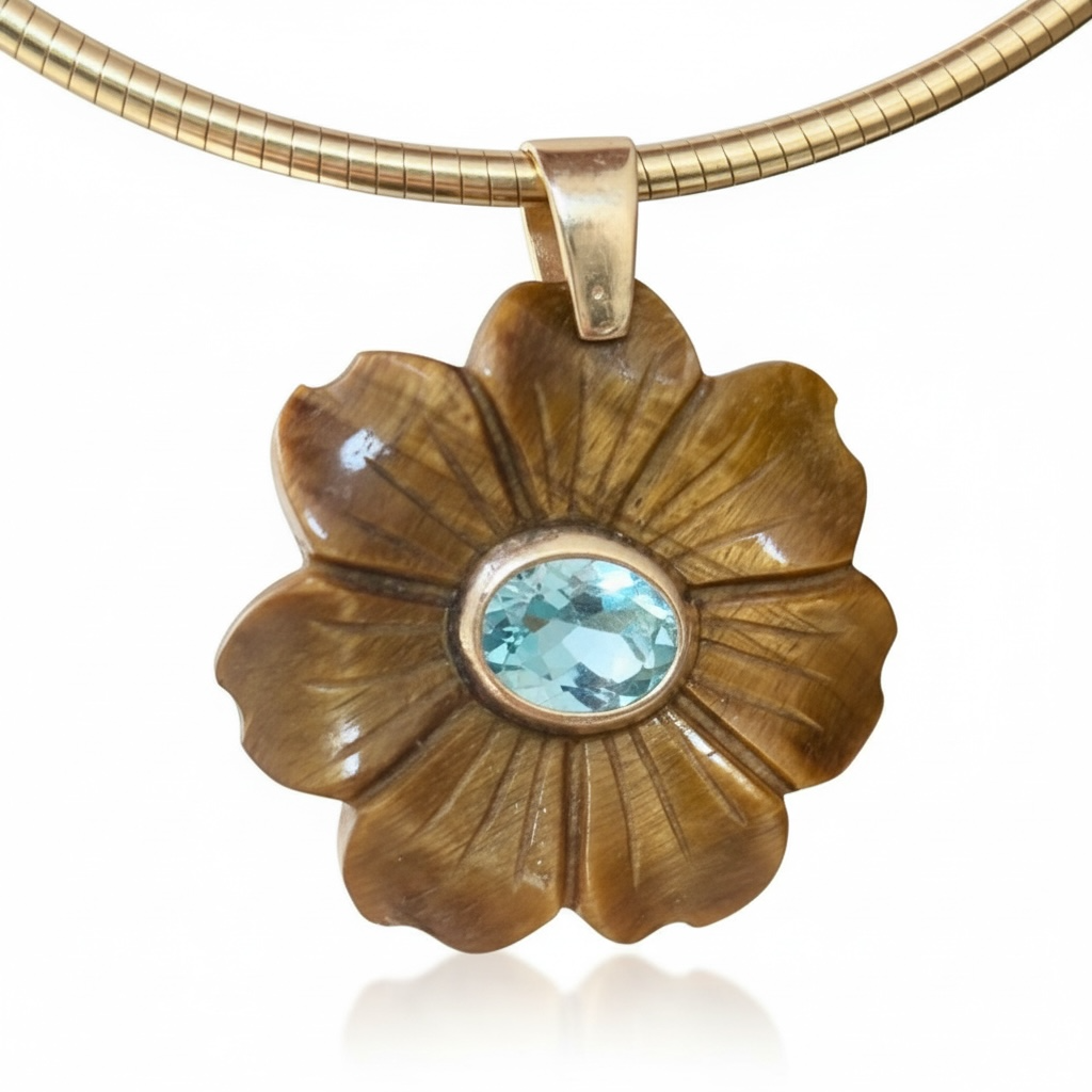 FLORA Pendant : Tiger’s Eye with Sky Blue Topaz