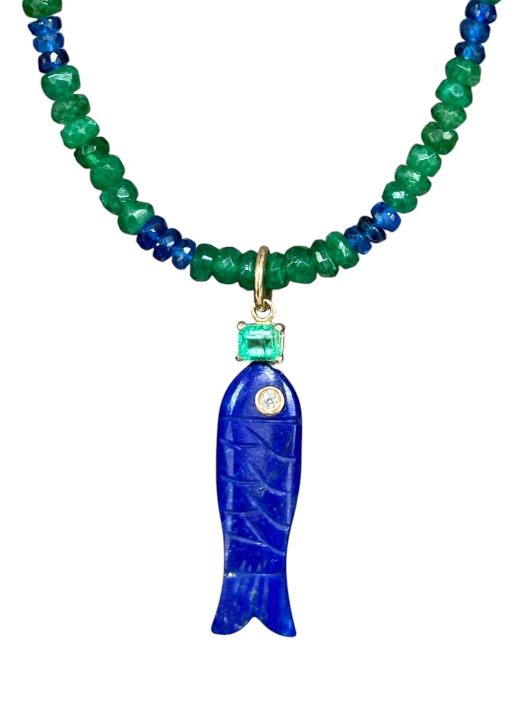 Perfect Poisson Lapis Fish Pendant with Diamond & Emerald
